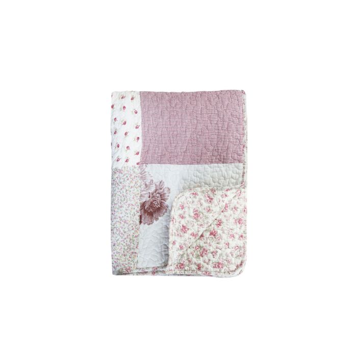 Quilt m. blomsterprint & blondebånd