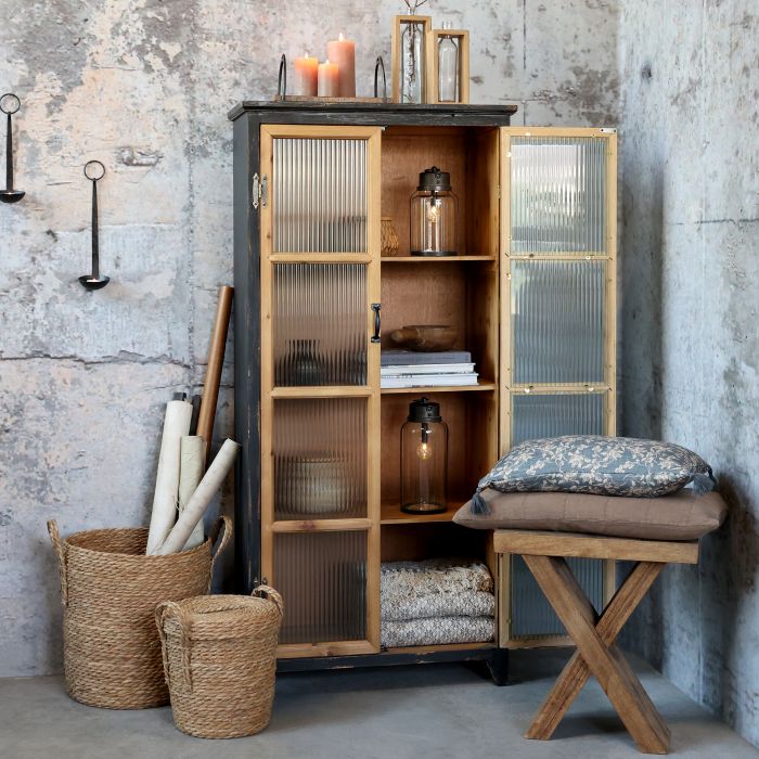 Amoire Vitrine avec 4 étagères et portes en verre rainuré