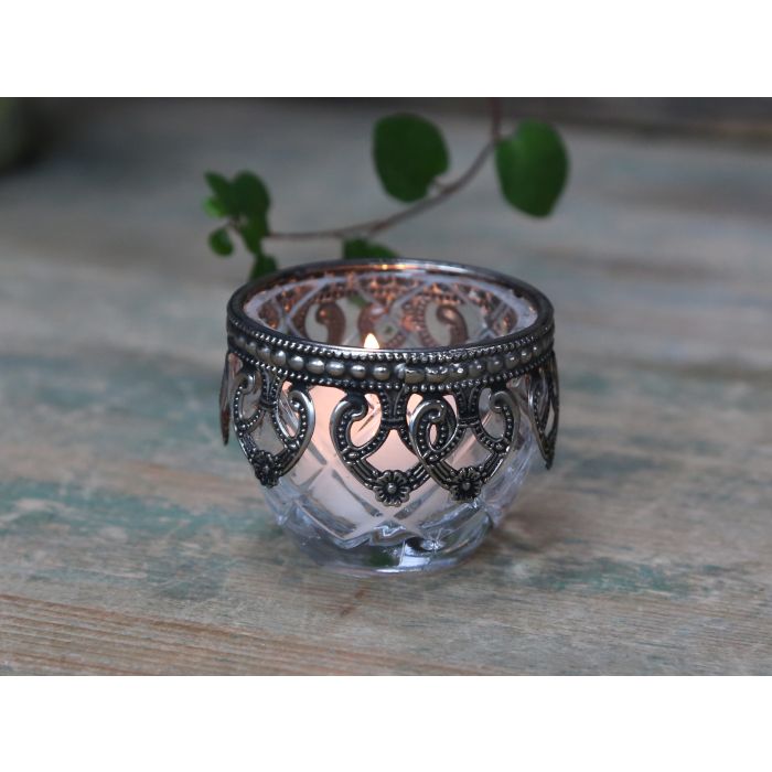 Fyrfadsstage m. sølv dekor glas